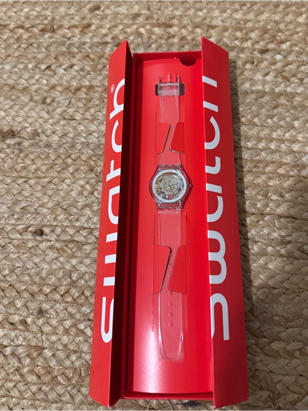 Swatch Transparent Red Strap Men's Watch with Visible Movement